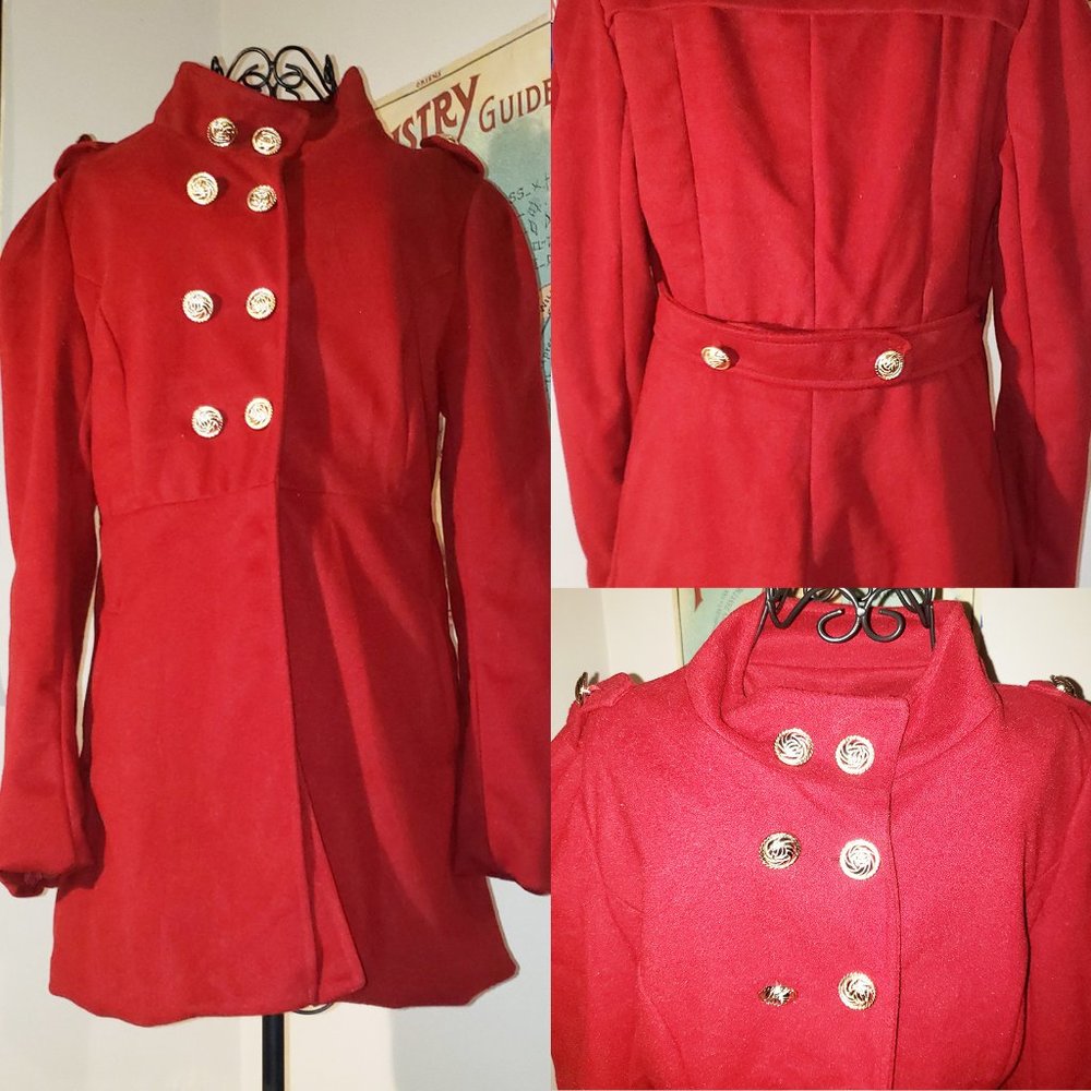 SOLD MOD Vtg Retro Red Band Jacket Pea Coat Double-Breasted Goldtone Button